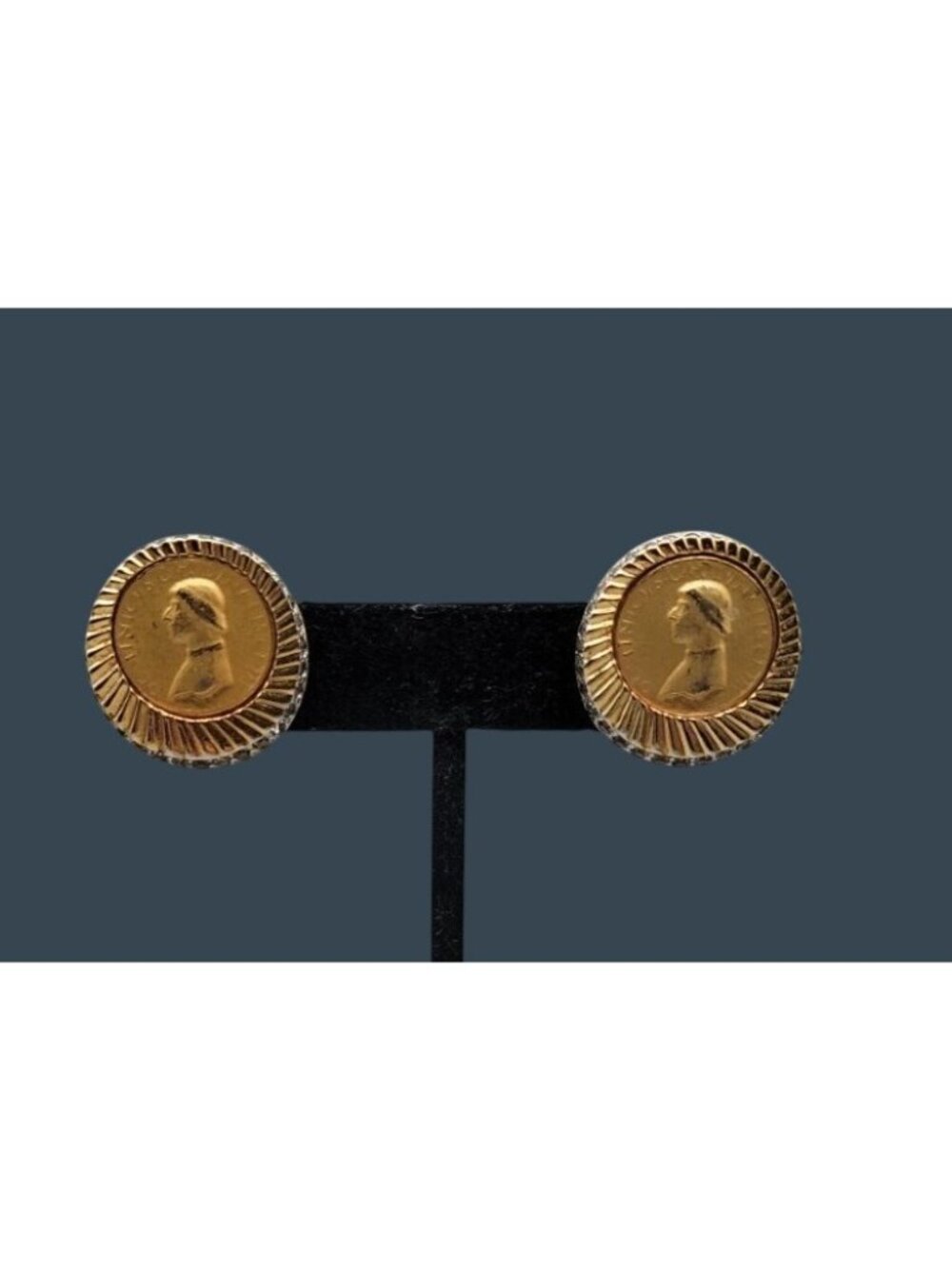 Vintage Signed Nettie Rosenstein Medici Coin Clip On Earrings Rhinestone Border - Picture 3 of 16